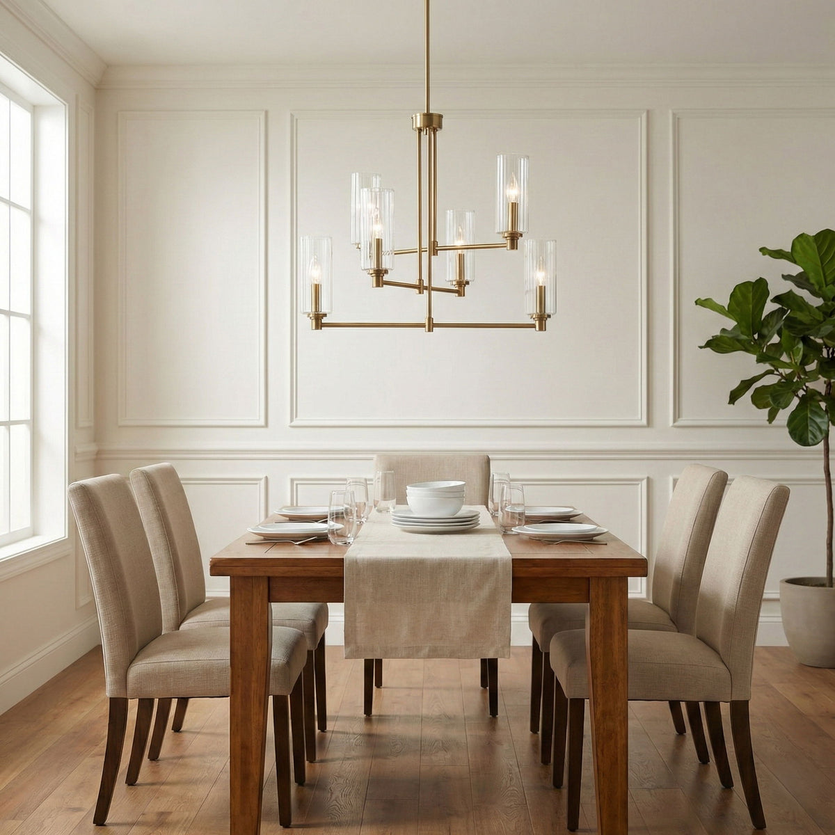 Timeless - 6 Lights Chandelier With Clear Ribbed Satin - Antique Brass / Clear / Gold
