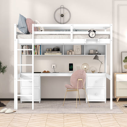 Full Size Loft Bed With Desk, Cabinets, Drawers, Charging Station And Bedside Tray, Sturdy Frame, No Box Spring Required - White