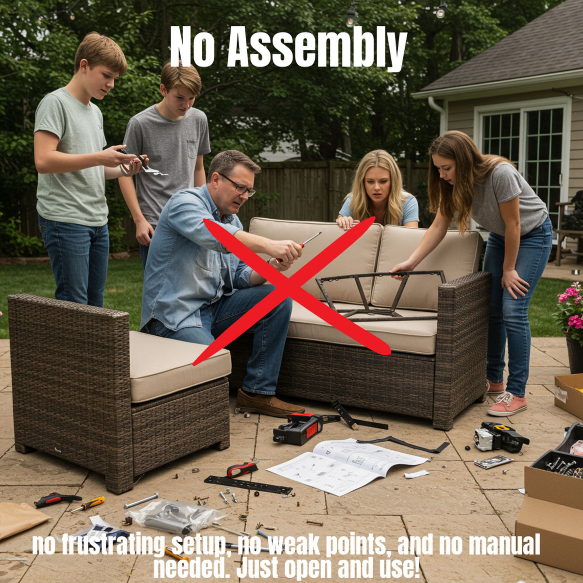 6 Piece Wicker Patio Furniture Set With Cushions, All Weather - Gray Mix / Navy Blue