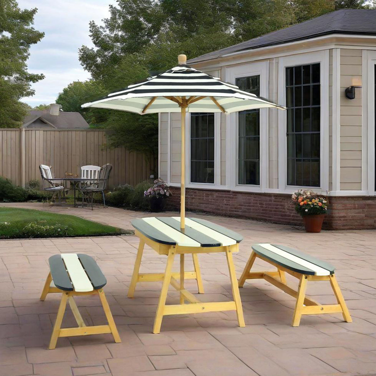 Naturally Playful Kids Picnic Table With Umbrella, Indoor / Outdoor Fun - Blue / White Stripes