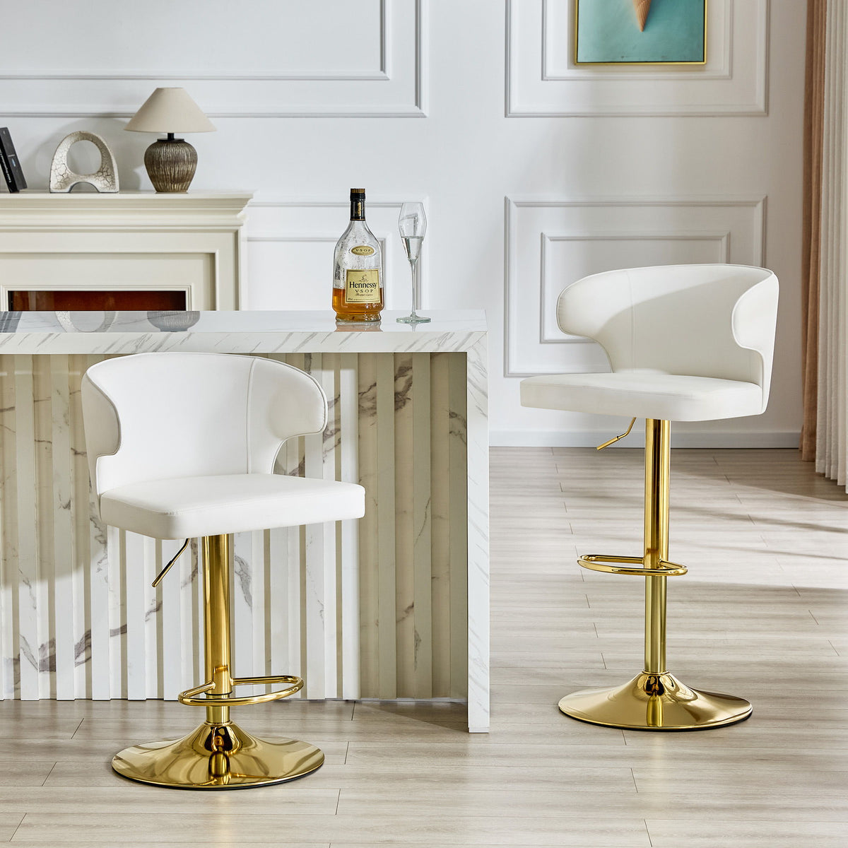 Adjustable Swivel Bar Chair With High Back Support For Kitchen Counter (Set of 2) - Gold / White