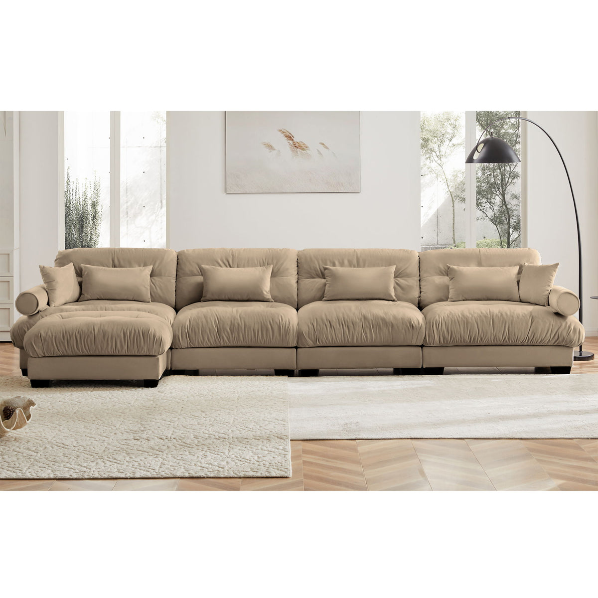 Modern Sectional Sofa With Ottoman, Round Bolster Armrests, Waist And Throw Pillows