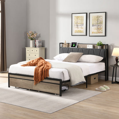 Modern Bed Frame With LED Lights, Upholstered Headboard, USB Charging