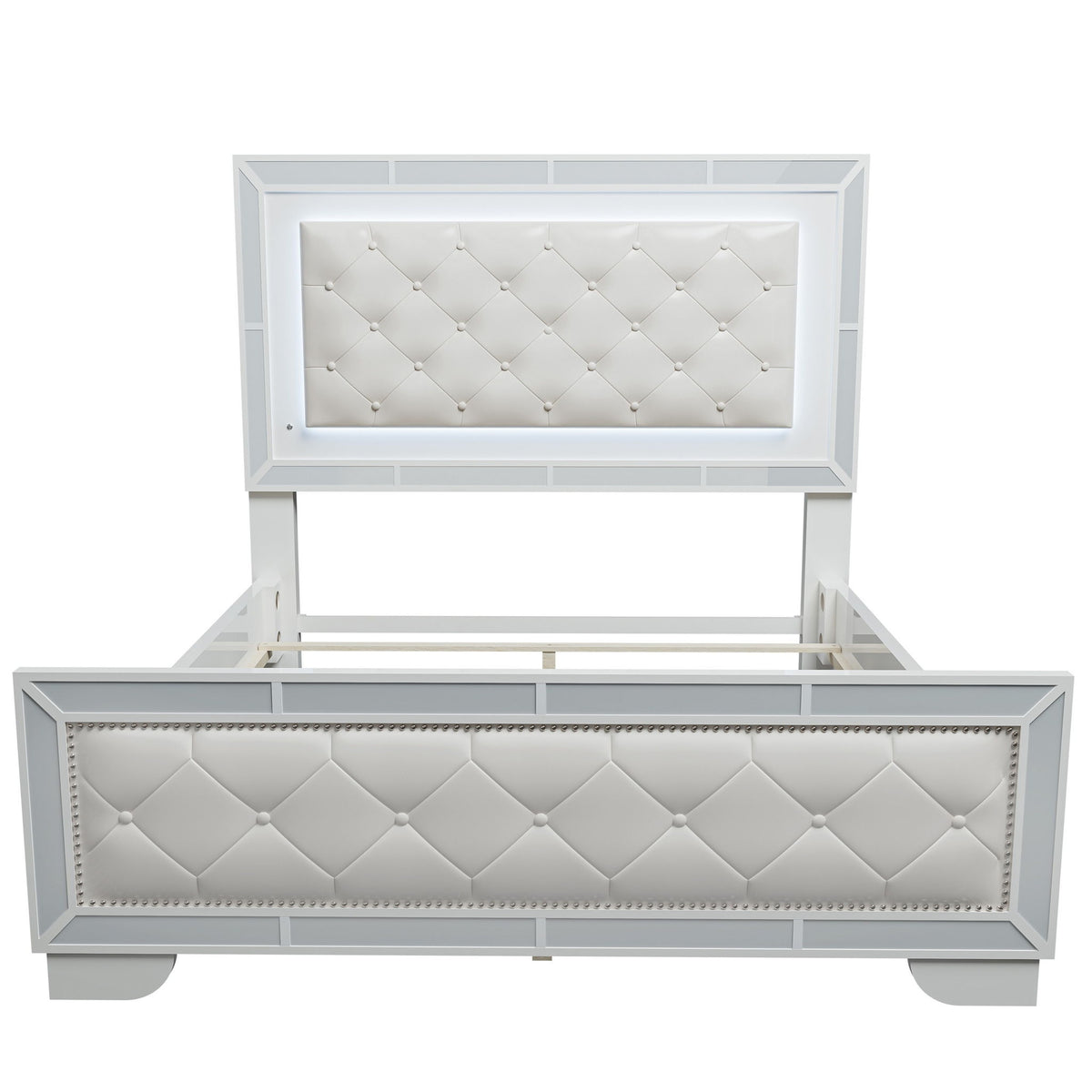 Eastern King Size Bed With LED Lights And Mirror Trim - Cream / Ivory