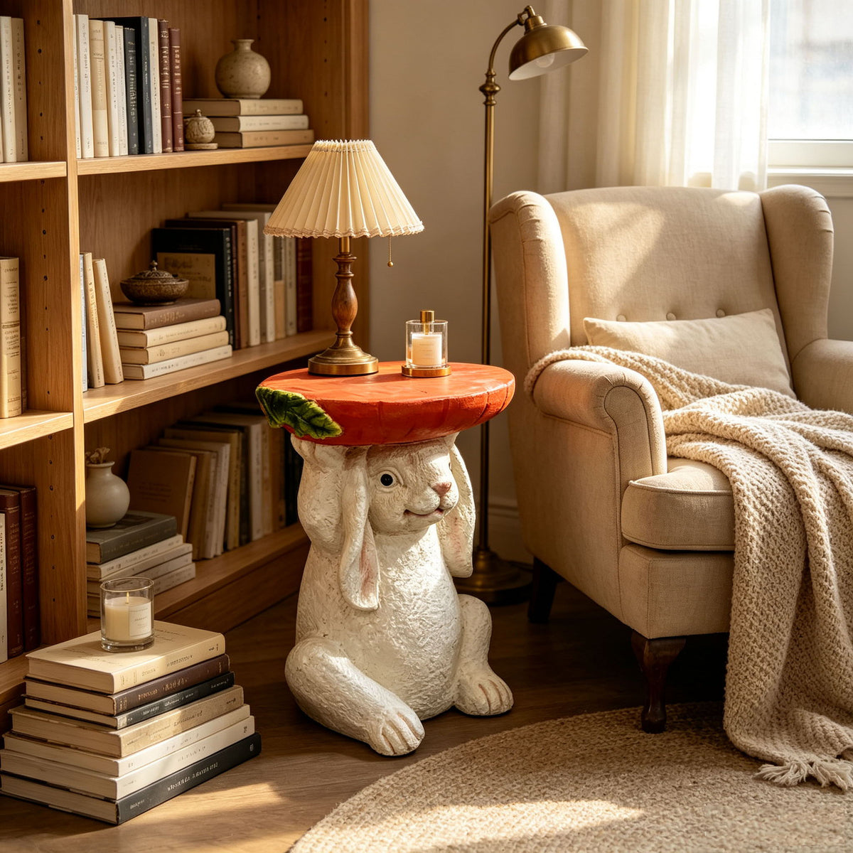 Cute Bunny Side Table With Carrot Top, Plant Stand For Indoor Outdoor Garden Decor - Red / White
