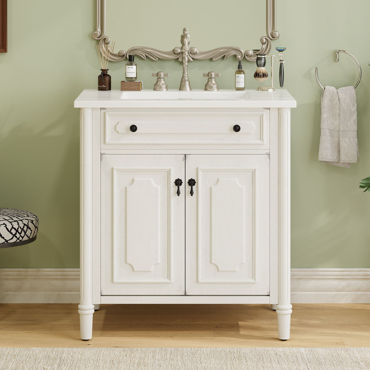 Vintage Bathroom Vanity With Sink, Rustic Cabinet With Soft Close Doors