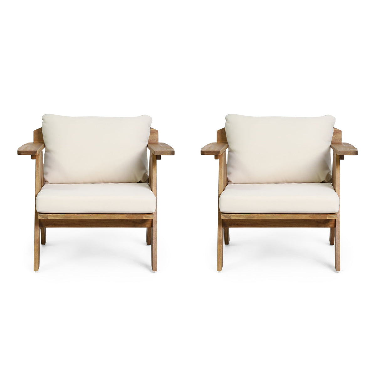 Outdoor Acacia Wood Club Chairs With Cushions (Set of 2) - Teak / Beige