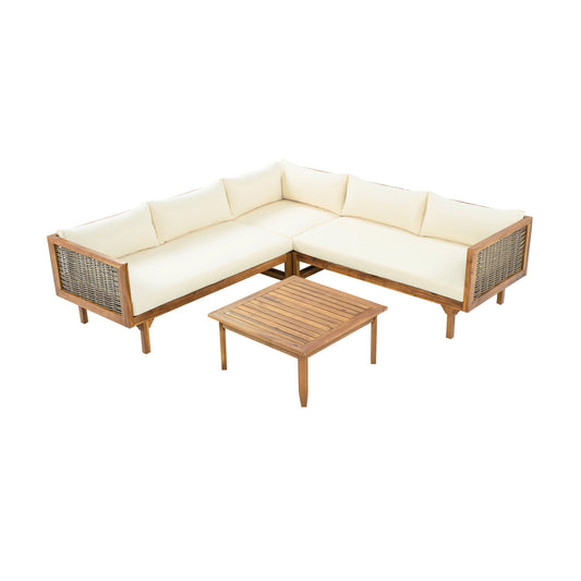 Premium Outdoor Sofa Set With Waterproof Cushions Sectional Seating Group With Acacia Wood And Wicker - Brown Mix / Beige