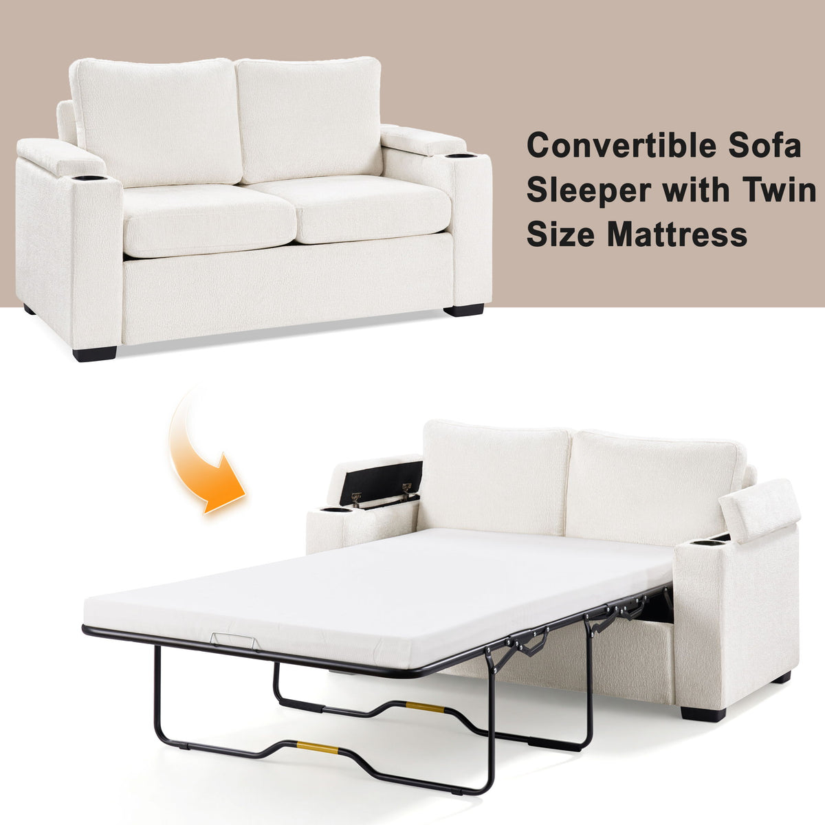 Pull Out Sofa Bed Loveseat With Twin Mattress, Cup Holders And Arm Storage