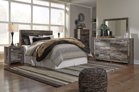 Derekson - 5 Pc. - Queen Panel Headboard with Bolt on Bed Frame, Dresser, Mirror, Chest, Nightstand - Multi Gray