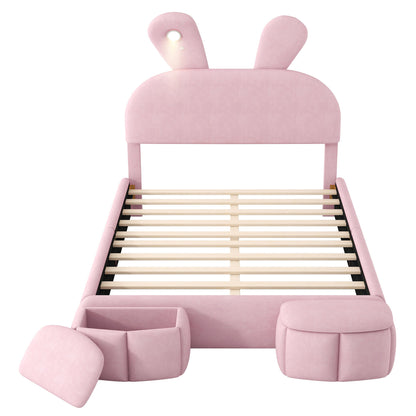 Full Upholstered Platform Bed With Cartoon Ears Headboard And LED Light - Pink