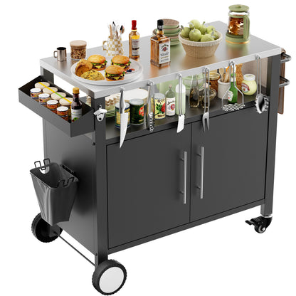 Outdoor Grill Cart With Storage, Rolling Bar Cart With Hooks And Spice Rack Stainless Steel