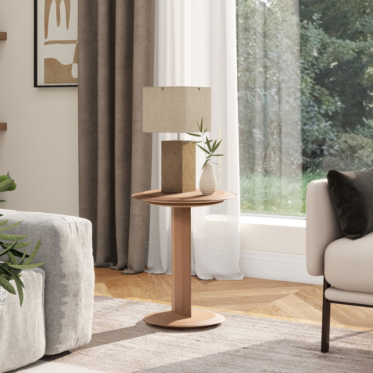 Mode - Leatherette Round C-Shaped Sofa Side Table - Saddle Brown
