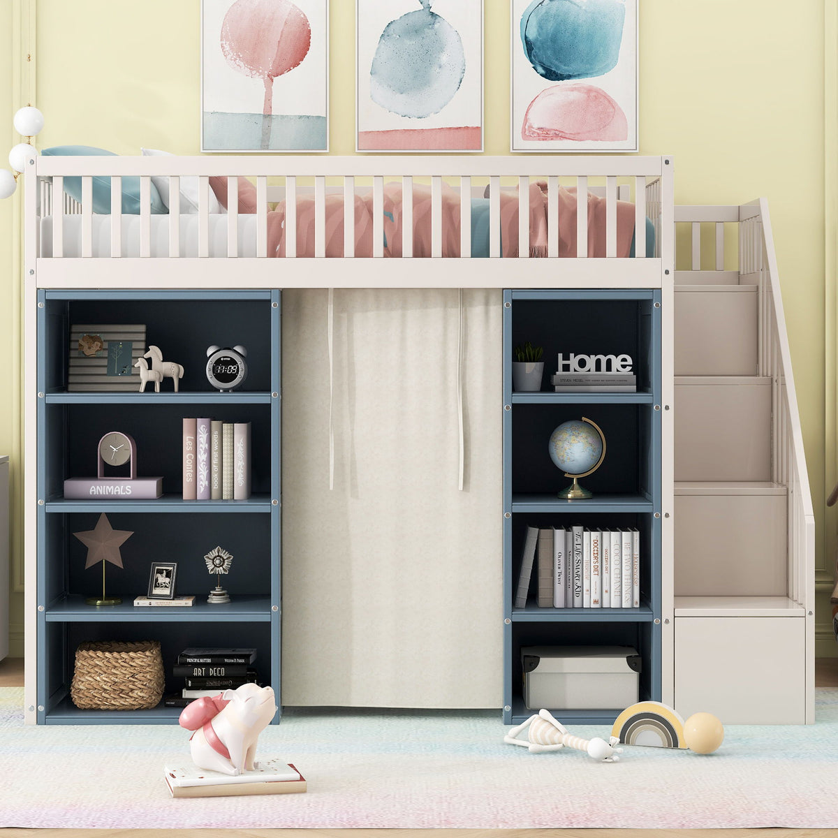 Full Size Loft Bed With 2 Four Layer Storage Cabinets And Curtain With Built In Staircase And Privacy Curtain - White
