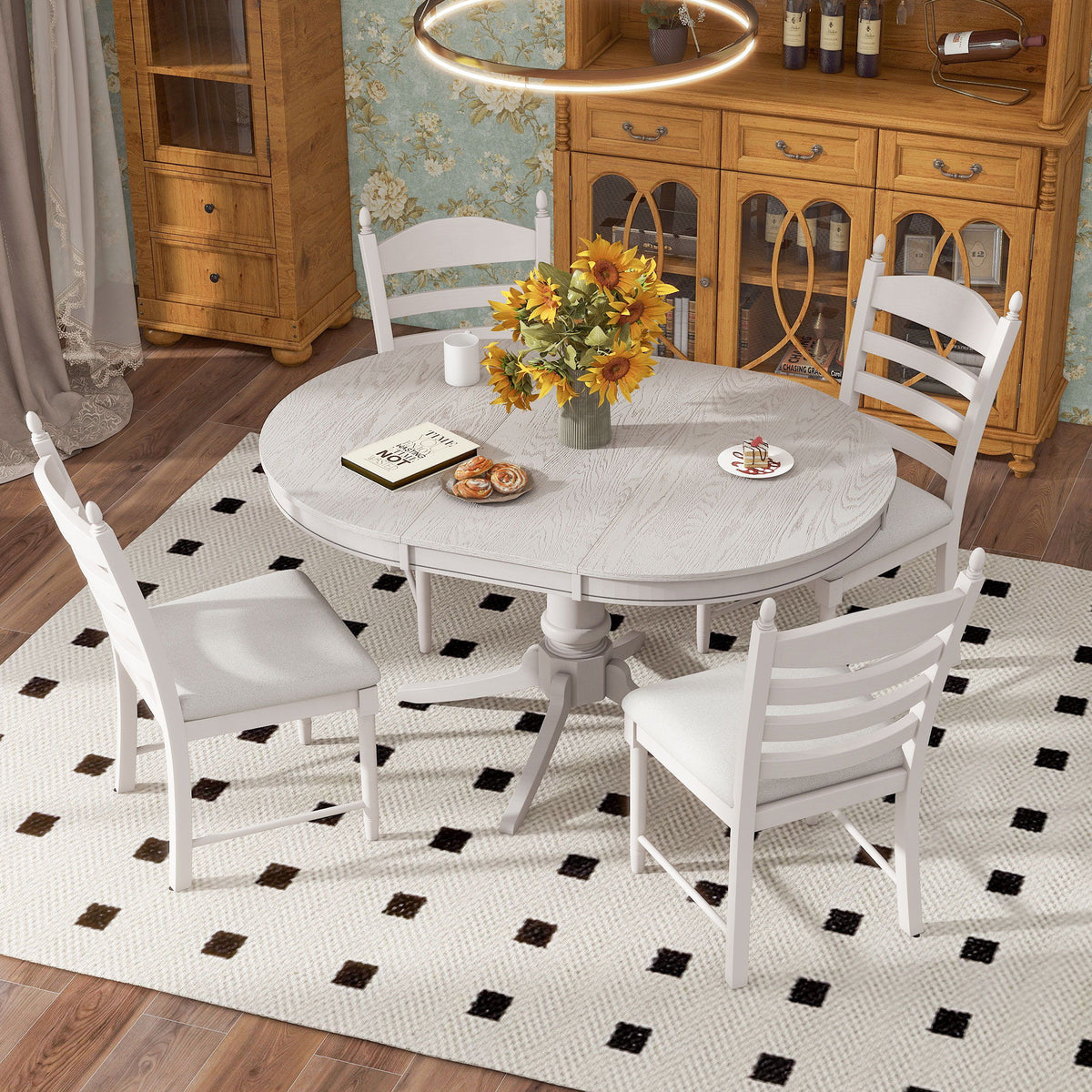 Trexm 5-Piece Retro Functional Dining Table Set Wood Round Extendable Dining Table And 4 Upholstered Dining Chairs (Antique White)