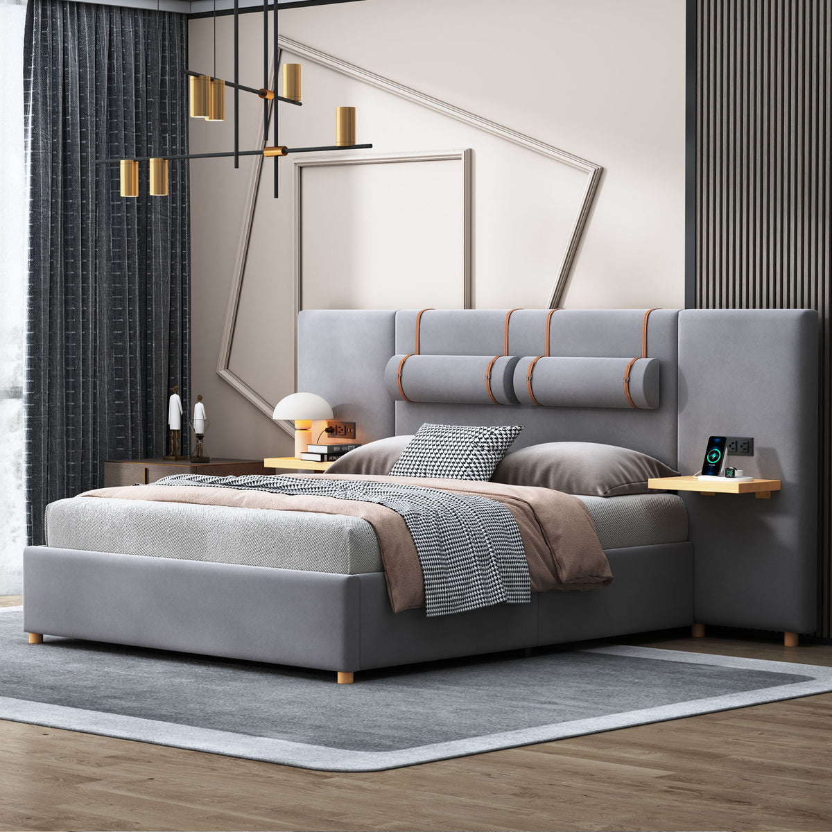 Upholstered Platform Bed, 2 Outlets And USB Charging Ports On Both Sides, 2 Bedside Pillows, Storage Shelves