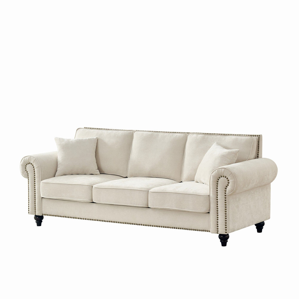 3 Seater Sofa With Tufted Upholstery, Rolled Arms, Nailhead Trim