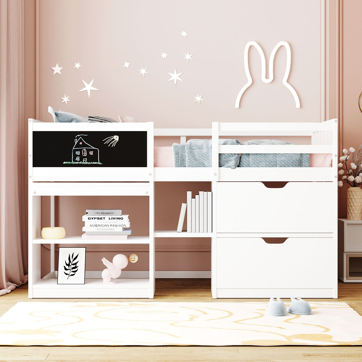 Low Loft Bed With Rolling Desk, Shelf And Drawers