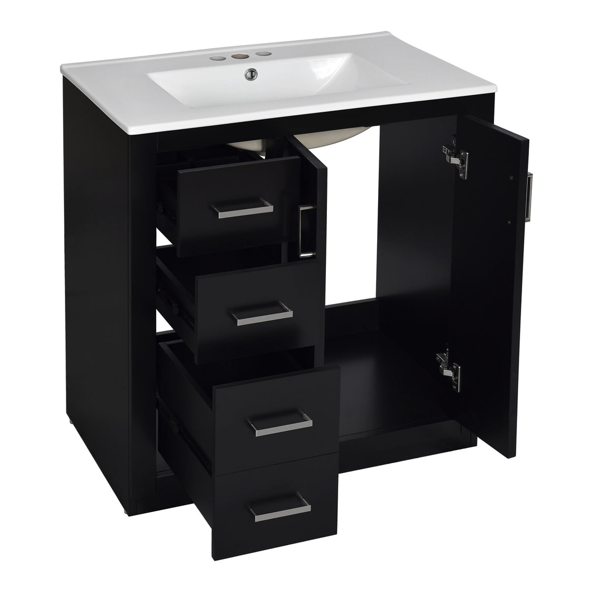 Ceramic Sink Combo, Freestanding Vanity Set With 3 Drawers & Soft Closing Doors