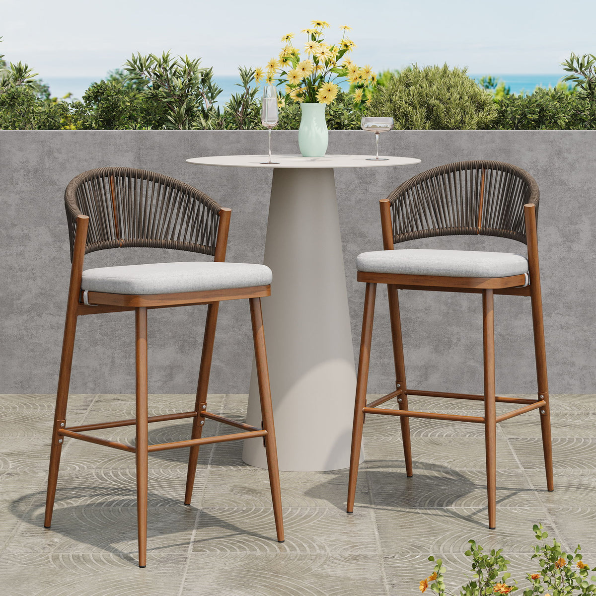 Outdoor Bar Height Metal Frame Counter Stools With Scallop Shaped Backrest & Water Resistant Cushions