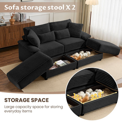 Double Chaise Lounge Set With Reversible Storage Ottomans, USB Port