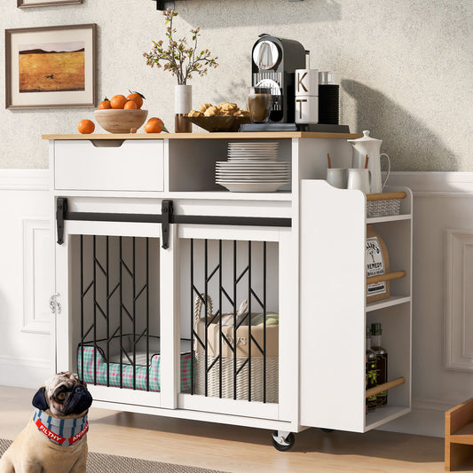 Modern Style 2 In 1 Pet Friendly Dog Crate Kitchen Island End Table Metal Pine - Natural / White
