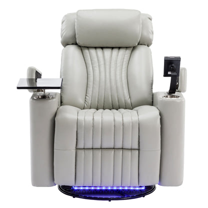270° Power Swivel Recliner Home Theater Chair With Hidden Arm Storage, LED Light, Cup Holder, And Tray Table