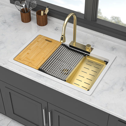 Waterfall Kitchen Sink With Pull Out Faucet & Cup Washer