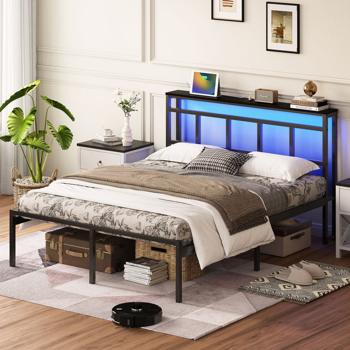 Bed Frame With Storage Headboard With USB C, Type C And LED Light