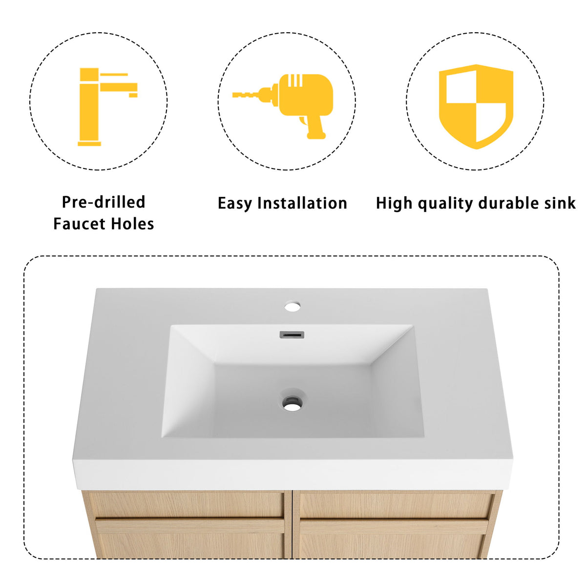 Freestanding Bathroom Vanity With Resin Sink & Soft Close Cabinet Doors