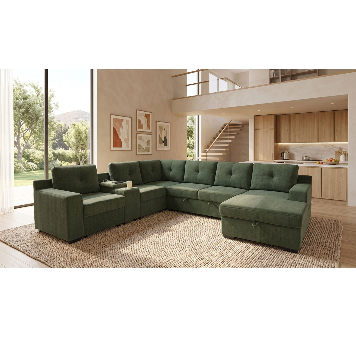 U - Shape Sectional Pull Out Bed With Console, Storage, And USB Charging