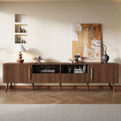 78" TV Stand For 85" TVs With Fluted Doors, Open Shelf, Cable Management - Walnut