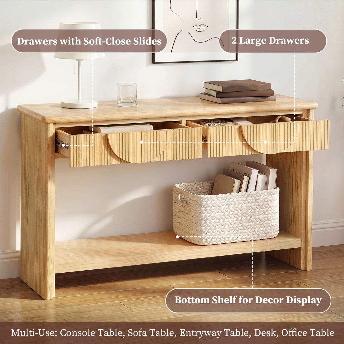 Fluted Console Table With Semi Circular Drawers - Natural