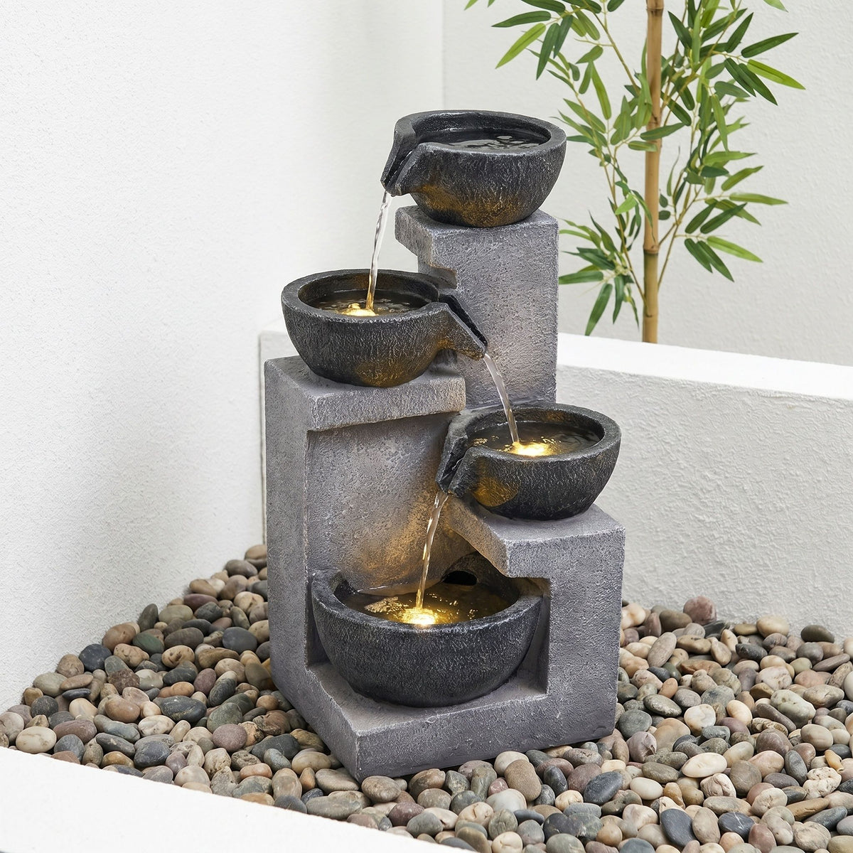 4 Tier Cascading Water Fountain With Warm LED Lights, Quiet Pump For Patio - Gray
