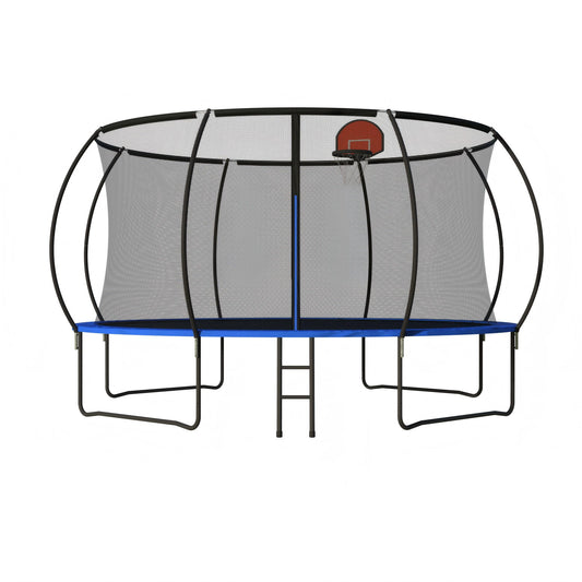 Pumpkin 14 Ft Outdoor Trampoline With Basketball Hoop Enclosure Net Ladder And Metal - Black / Blue
