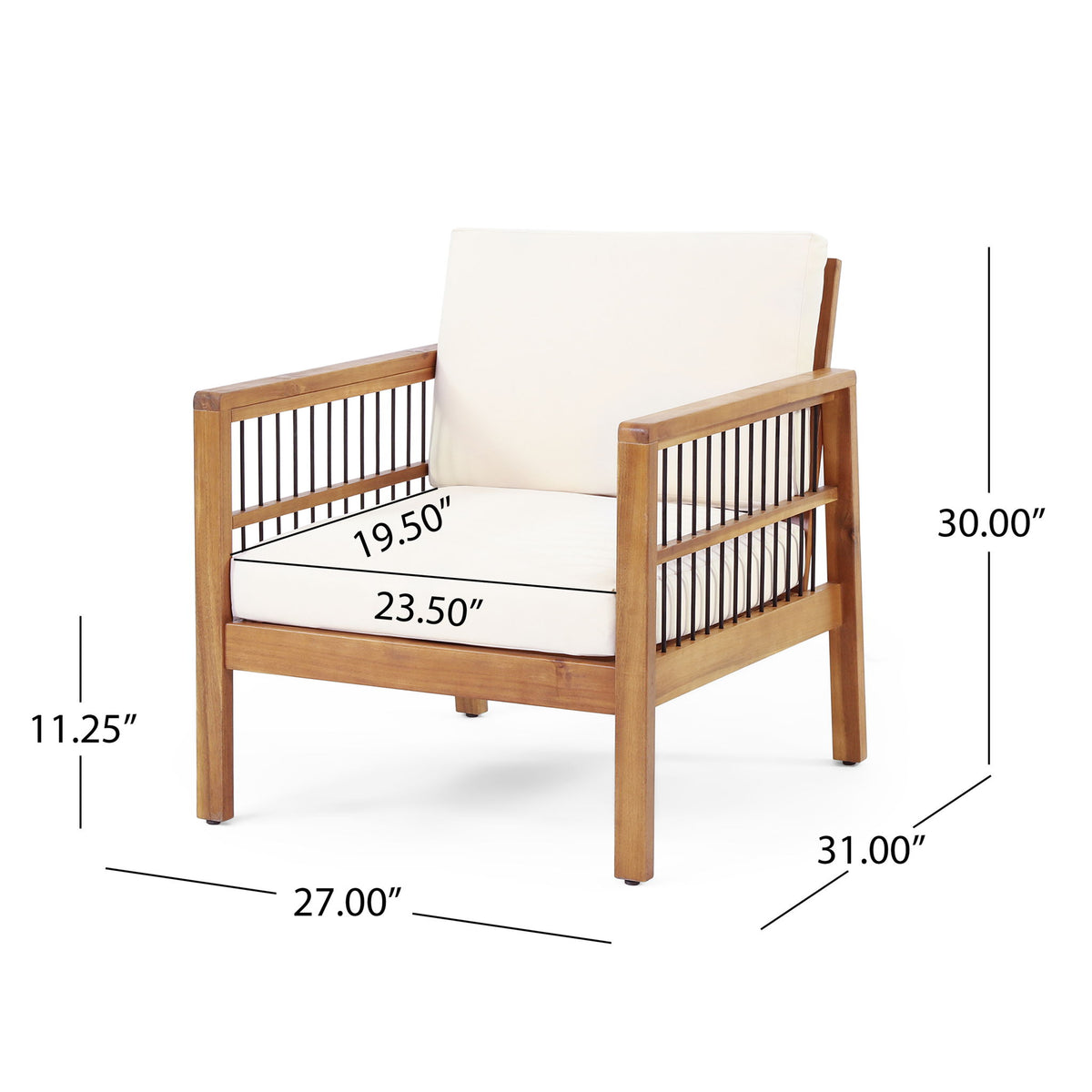 Club Chair With Slat Panel Design - Teak / Beige