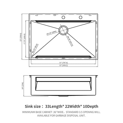 33" Drop In Kitchen Sink Single Bowl 16 Gauge Stainless Steel Ledge Workstation - Brushed Nickel