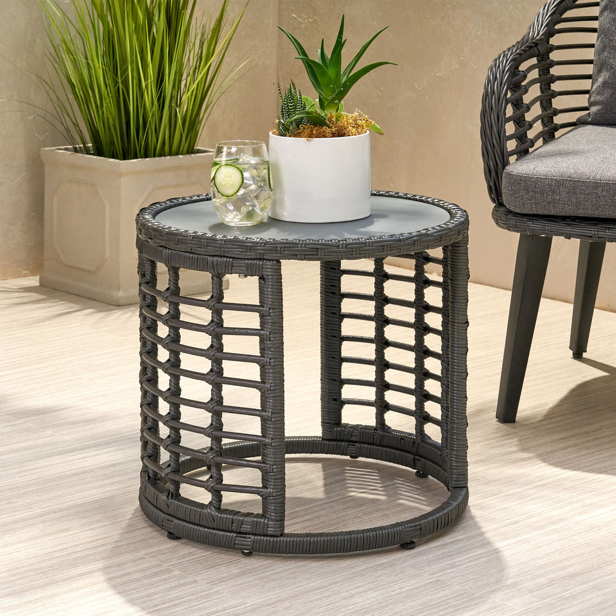 Achill - Outdoor Modern Boho Wicker Side Table With Glass Top - Gray