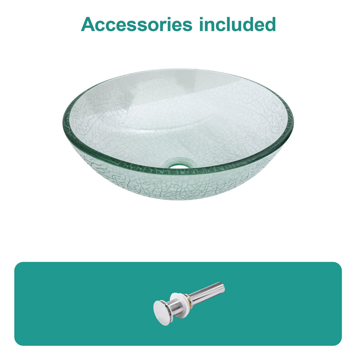 Crackle Vessel Sink, Round Bowl With Pop Up Drain - Clear