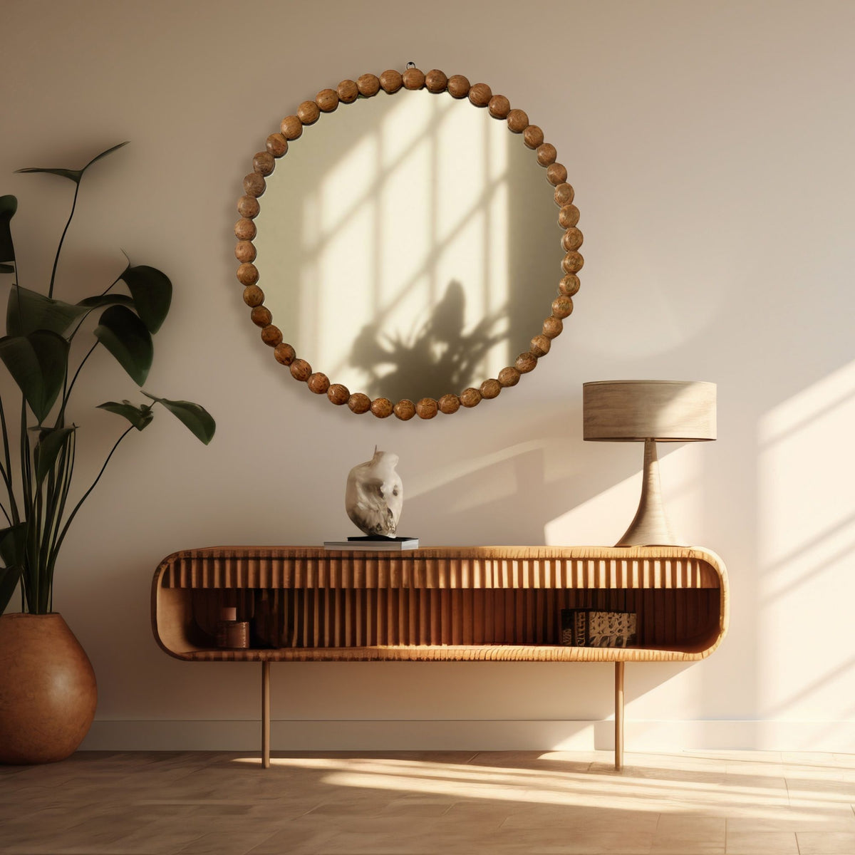 Decorative Round Hanging Wall Mirror With Bead Design Frame - Natural