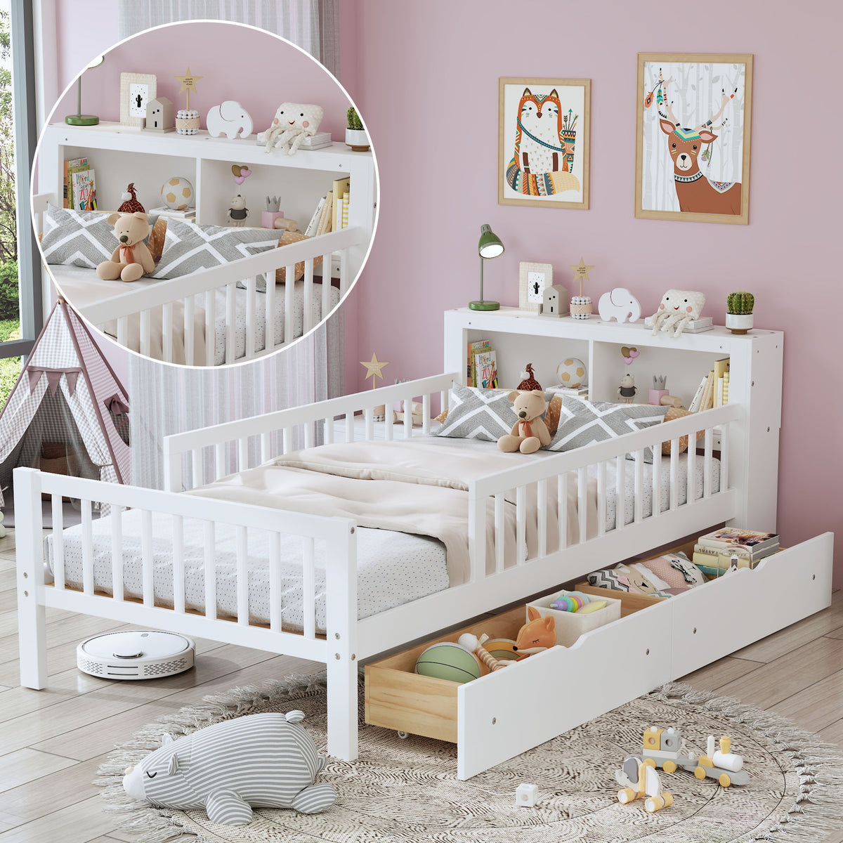 Bed With Headboard Storage Rack, 2 Under Bed Drawers, 3 Side Guardrails For Safety
