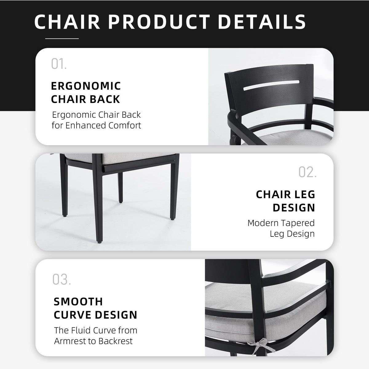 Outdoor Patio Dining Chairs With Outdoor Grade Sunbrella Fabric Cushions, Tapered Feet (Set of 4) - Ember Black