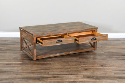 Durango - Cocktail Table (No Basket) With Planked Top - Weathered Brown