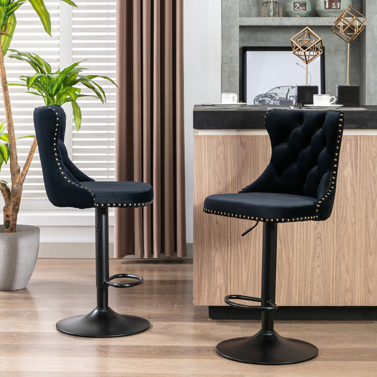 Swivel Barstools Adjusatble Seat Height, Modern Upholstered Bar Stools With Backs Comfortable Tufted For Home Pub And Kitchen Island (Set of 2)