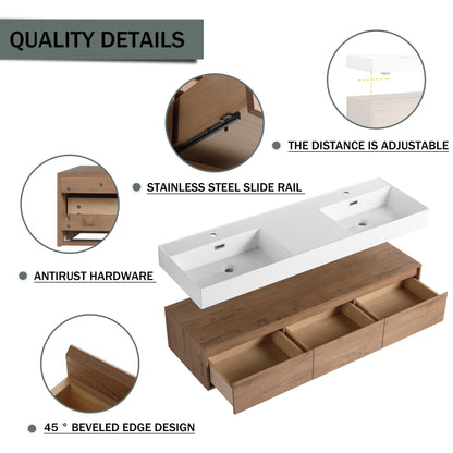 Contemporary Wall Mounted Bathroom Vanity With Dual Resin Sink And Soft Close Drawer