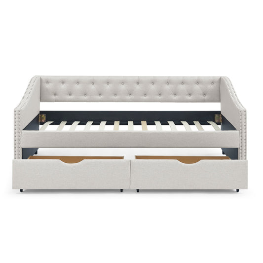 Upholstered Tufted Daybed With 2 Drawers, Waved Arms