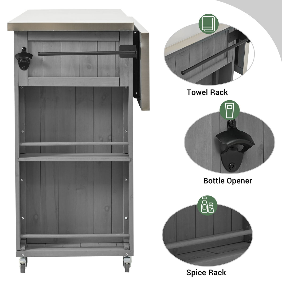 Outdoor Kitchen Island With Stainless Steel Top, Ample Storage Space, Towel And Spice Racks And A Bottle Opener