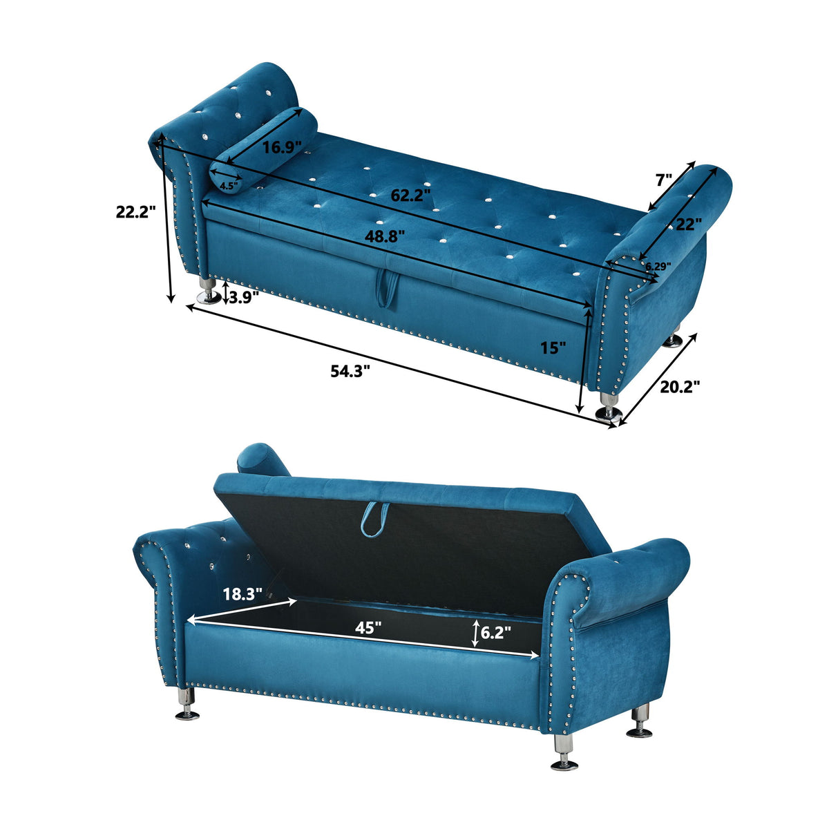Storage Bench With Crystal Buttons And 1 Pillow For Bedroom