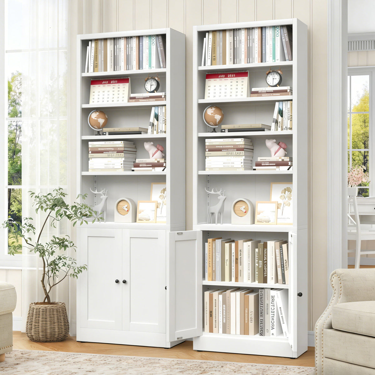 Bookcase Tall 5-Tier Adjustable Storage Shelf With Door Deep - White