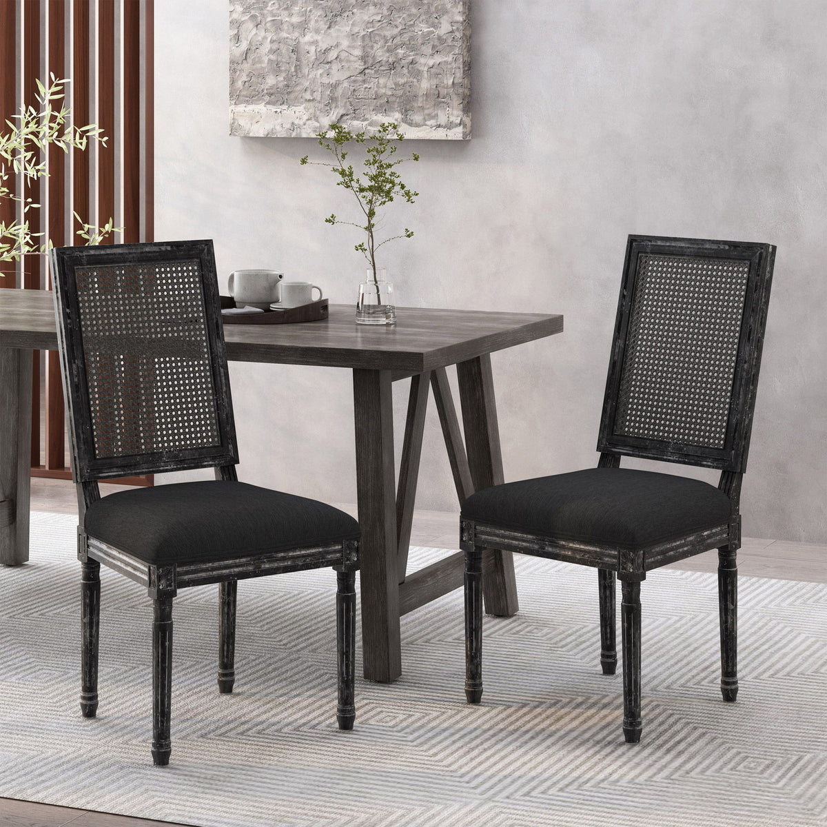 French Country Dining Chair With Rectangular Cane Backrest And Smooth Upholstered Seating